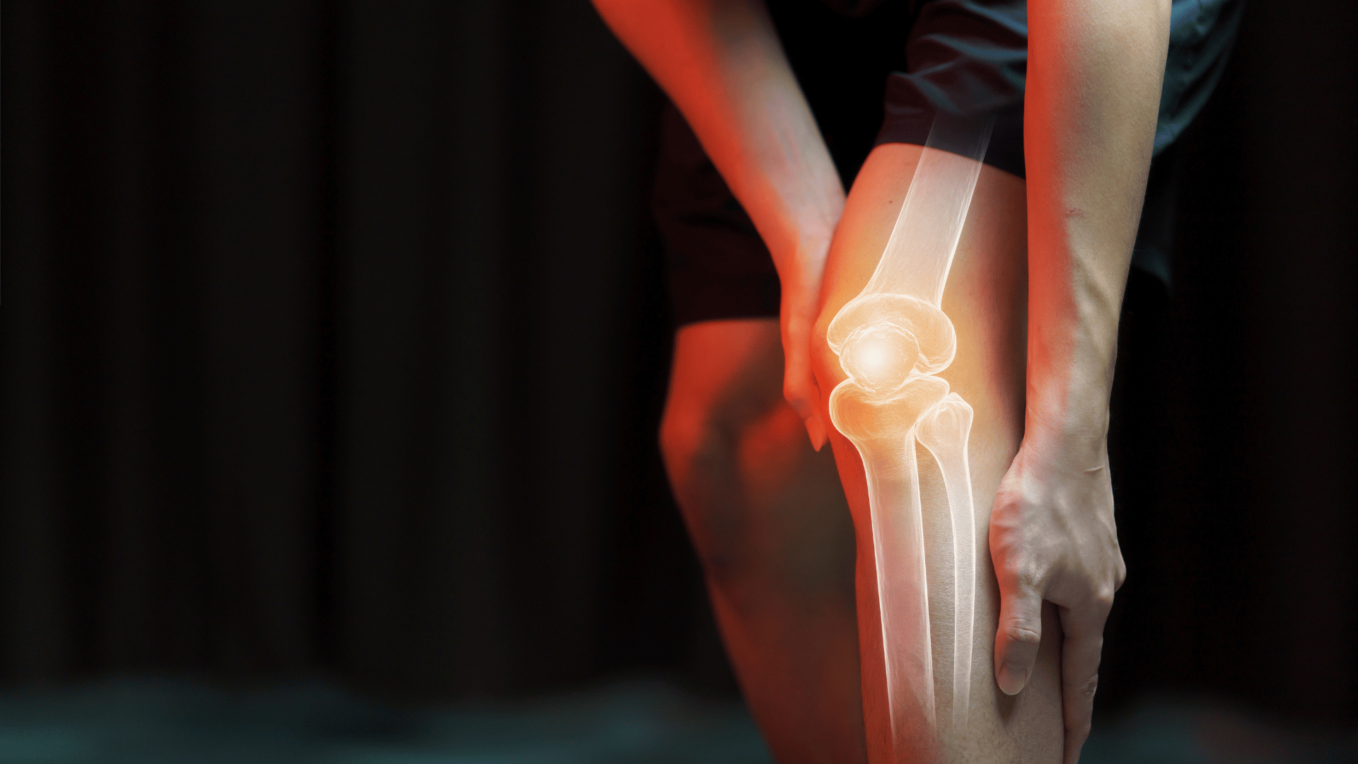 Woman experiencing joint discomfort with anatomical overlay of a joint, representing overall joint health awareness and care.